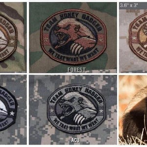 May include: Embroidered patches with a honey badger design. The patches feature the text "Team Honey Badger" and "We Take What We Want". The patches are 3.6" x 3" and come in various camouflage patterns.