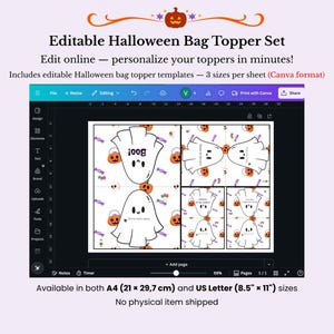 Puede incluir: Conjunto de adornos para bolsas de Halloween editables con diseños de fantasmas y calabazas. La imagen muestra una plantilla de Canva con varios tamaños de adornos. El texto dice "¡Edita online - personaliza tus adornos en minutos!" Disponible en tamaños A4 (21 x 29,7 cm) y US Letter (21,6 x 27,9 cm).