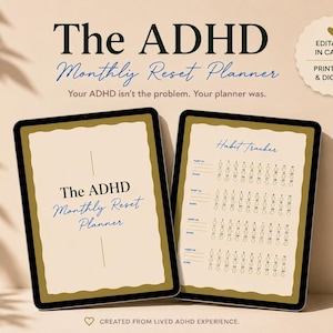 Könnte beinhalten: Zwei digitale Tablets mit dem ADHD Monthly Reset Planner. Der linke Bildschirm zeigt die Titelseite, der rechte einen Gewohnheits-Tracker. Ein kreisförmiges Abzeichen weist darauf hin, dass die Datei in Canva bearbeitbar, druckbar und digital ist.