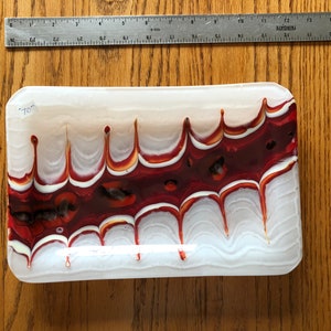 fused glass marbled tray in reds, 12 inches by 8 inches