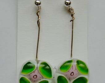 Sterling drop earrings of green and pink fused millefiori