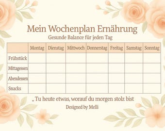 May include: A beige weekly meal plan chart with peach-colored floral accents. The chart includes sections for breakfast, lunch, dinner, and snacks, with days of the week across the top. Text in German reads "Mein Wochenplan Ernährung".