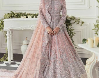 Blush Pink Bridal Anarkali Maxi with Beaded Net Dupatta, Hand-Embroidered Pearls Sequins