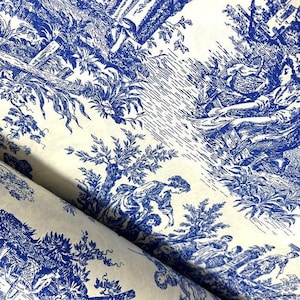 Toile de Jouy Stoff Blau – Baumwollpopeline Meterware im französischen Vintage-Look für Kleider, Patchwork & Deko