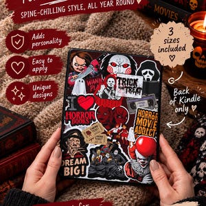 May include: A Kindle insert featuring a collage of horror-themed stickers, including iconic characters, movie references, and text like "Trick or Treat," "Horror Books," and "Dream Big." The design is colorful and detailed, covering the back of the device.