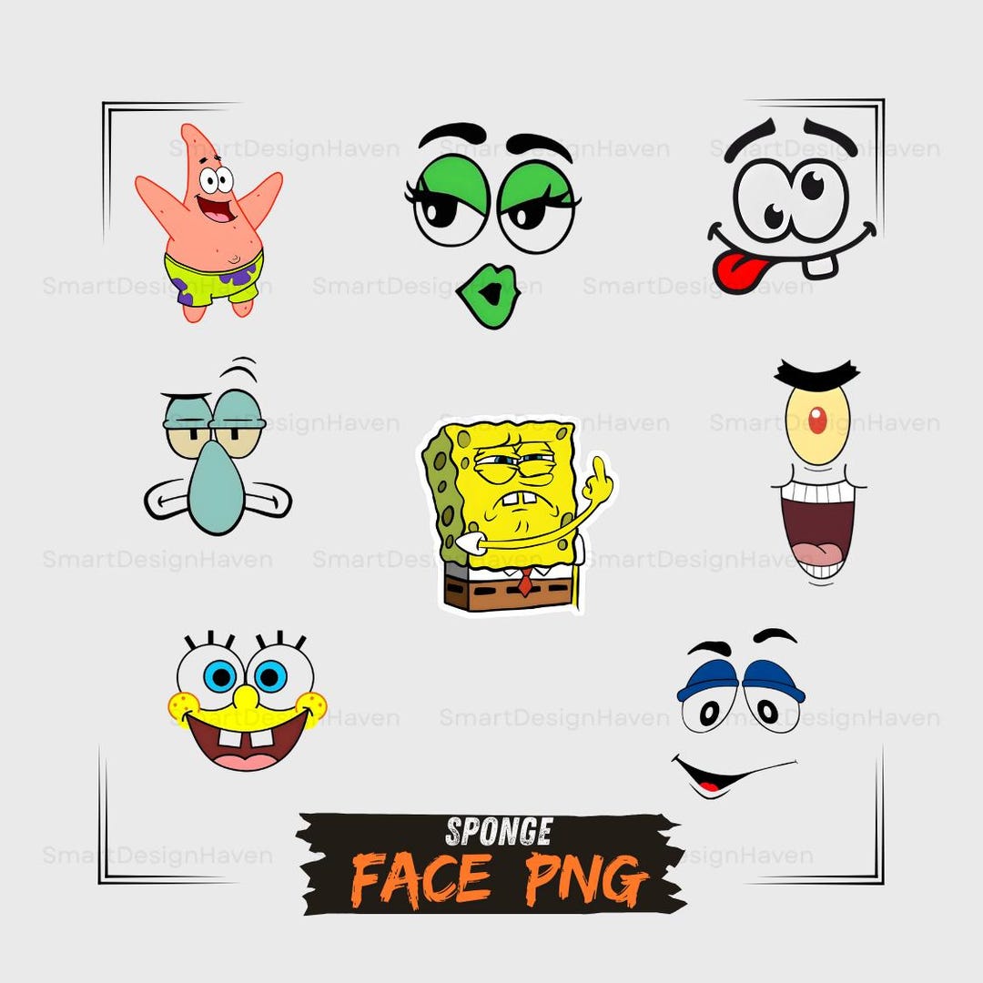 Funny Sponge Face Cartoon PNG Bundle | Cartoon Character Faces | Cute ...