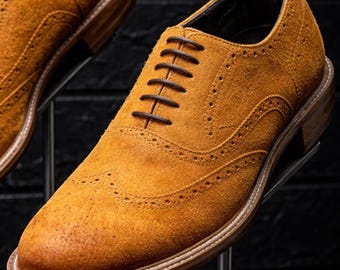 Chaussures richelieu faites main en daim marron clair | Chaussures brogue décontractées à lacets pour hommes