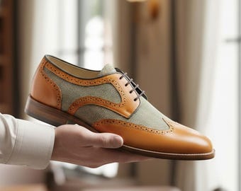 Chaussures Derby bicolores beige clair faites main | Chaussures homme élégantes et décontractées en cuir et tweed
