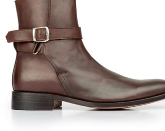 Bottines en cuir marron pour hommes faites main avec bride de cheville - Bottines Jodhpur élégantes à bout pointu