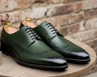 Handmade Green Leather Derby Lace-Up Dress Shoes for Men