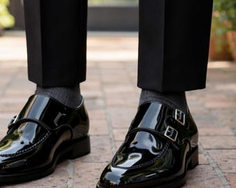 Chaussures habillées à double boucle en cuir verni noir, faites main | Chaussures de ville à boucle pour homme