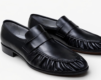 Handmade Black Leather Penny Loafers – Slip-On Pleated Moc Dress Shoes