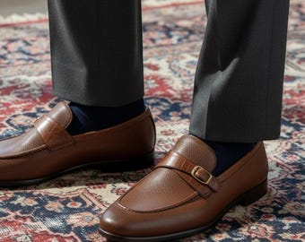 Mocassins à boucle simple en cuir marron faits main – Chaussures habillées italiennes à enfiler