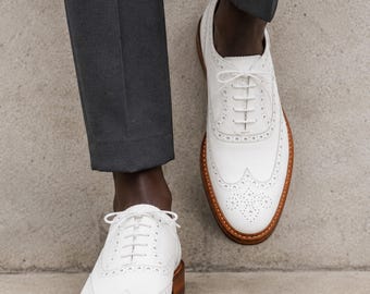 Richelieus richelieu en cuir blanc faits main | Pointe ailée habillée pour hommes
