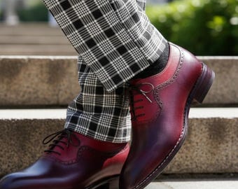 Chaussures à lacets faites main en cuir bordeaux pour homme | Chaussures habillées oxford