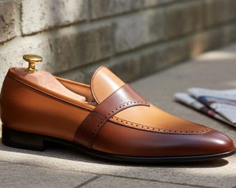 Mocassins Penny artesanais em couro marrom bicolor – Sapatos sociais de enfiar