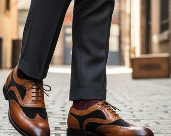 Chaussures Oxford bicolores en cuir marron et daim noir, faites main |