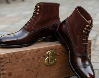 Bottines à bout rapporté en cuir marron et daim faites main | Bottines classiques à lacets