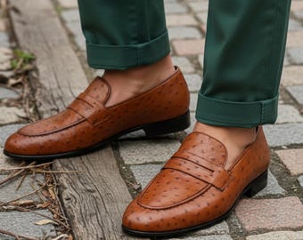 Mocassins Penny en cuir d'autruche fauve faits main – Chaussures habillées de style italien pour hommes
