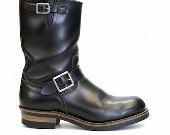 Handmade Black Biker Boots for Men – Mid-Calf Motorcycle Boots with Buckle Straps