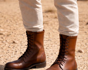 Handmade Brown Leather Combat Boots – Heavy Duty Vintage Military Lace-Up Ankle Boots