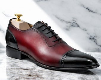 Oxford noir bordeaux à bouts ronds fait main | Chaussures de marié en cuir pour hommes