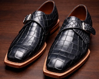 Handmade Black Crocodile Embossed Monk Strap Shoes | Classic Spade Sole Shoes