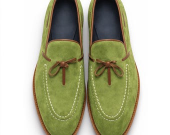 Handmade Light Green Suede Leather Tassel Loafers – Casual Slip-On Shoes for Men