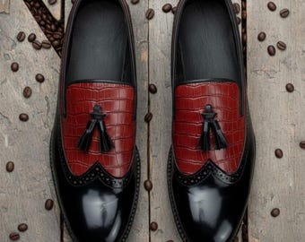 Mocassins à pampilles bicolores faits main pour homme | Chaussures bordeaux noires à effet crocodile