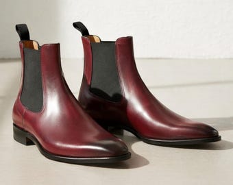 Bottines Chelsea habillées en cuir bordeaux faites main | Bottines habillées à enfiler pour hommes