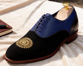Chaussures richelieu en cuir bleu velours noir faites main | Chaussures de mariage brodées dorées pour hommes