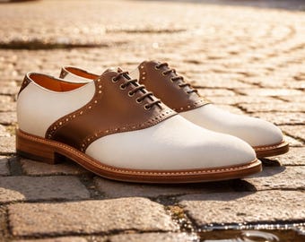 Chaussures Oxford bicolores en cuir faites main | Chaussures habillées à lacets marron et blanc