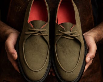 Chaussures Derby pour homme en cuir nubuck vert faites main | Chaussure décontractée à lacets cousue Goodyear