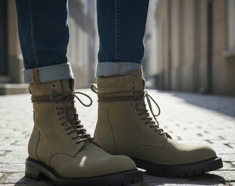 Bottes de combat en daim vert olive faites main | Bottes mode à lacets pour hommes