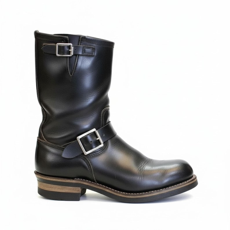 Handmade Black Biker Boots for Men – Mid-Calf Motorcycle Boots with Buckle Straps image 4