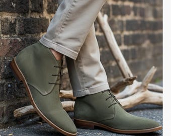 Botas Chukka de ante verde oliva hechas a mano – Botas con cordones hasta el tobillo para hombre