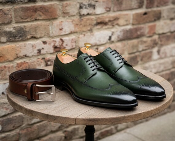 Handmade Green Leather Derby Lace-up Dress Shoes for Men