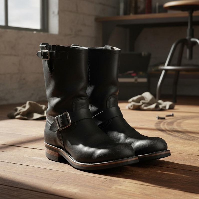 Handmade Black Biker Boots for Men – Mid-Calf Motorcycle Boots with Buckle Straps image 2