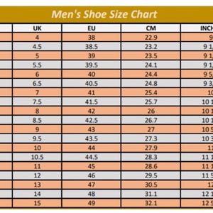 May include: Men's shoe size chart showing US, UK, EU, CM, and inches measurements. Sizes range from US 5 (9 inches, 22.9 cm) to US 16 (12 5/8 inches, 32.1 cm). The chart is in a table format with a gold and orange color scheme.