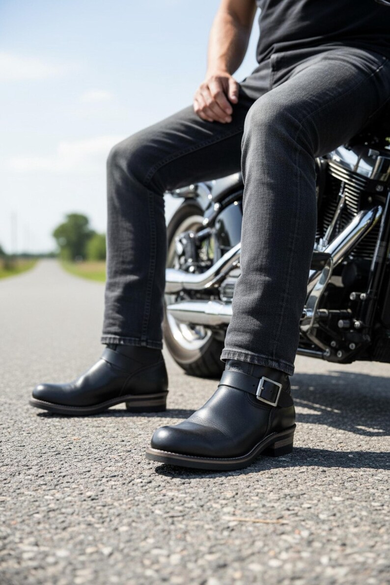 May include: Black leather motorcycle boots with a buckle fastening. The boots have a low heel and are worn with dark denim jeans. The image is taken outdoors on a paved road, with a motorcycle in the background.