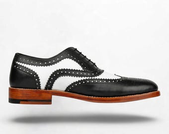 Chaussures richelieu en cuir bicolore faites main | Chaussures de ville à lacets noires et blanches