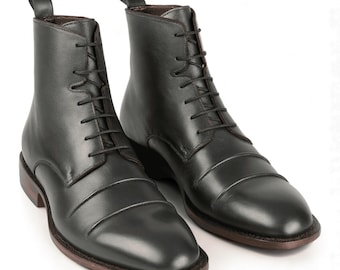 Handmade Blue Leather Double Cap Toe Dress Boots – Formal Lace-Up Ankle Boots