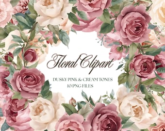 Op de afbeelding: Bloemen clipart ontwerp met roze en crèmekleurige rozen en pioenrozen, met groene bladeren. De afbeelding bevat de tekst "Floral Clipart" en "Dusky Pink & Cream Tones, 10 PNG Files."
