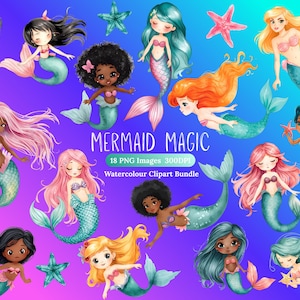 Mermaid Magic Clipart Bundle, Pink Teal Girls PNG Clip art