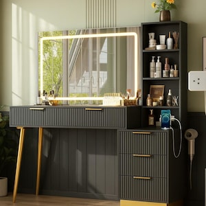black and gold dressing room Black Makeup Vanity Table Faux Marble Dressing Table with Drawers Gold   WEHOMZ