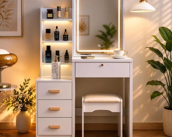 White Makeup Vanity Desk with Mirror, Storage Drawers, Modern Dressing Table, Stool