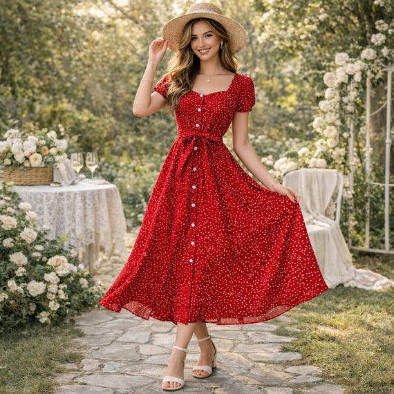 red button front midi dress Red A-Line Pleated Button Midi Dress & Reviews - Red - Dresses