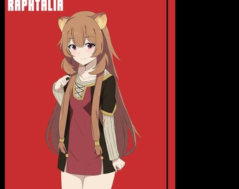 May include: Illustration of Raphtalia, a character with long brown hair, animal ears, and a red and black outfit. The name "RAPHTALIA" is displayed in white block letters against a red background. The image has a black border.