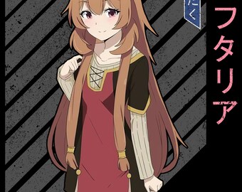 May include: Anime-style illustration of a character named Raphtalia with long brown hair and animal ears. The character wears a red and black outfit. The word "RAPHTALIA" is at the top, and "OTAKU" is at the bottom.