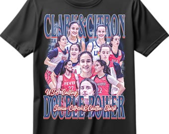 May include: Black t-shirt featuring a graphic design with the text "CLARK & CITRON" in blue and white. The design includes images of basketball players and the words "USA Calling" and "DOUBLE POWER".